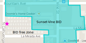 Location of unvandalized tree in BID-free zone on Cahuenga Blvd