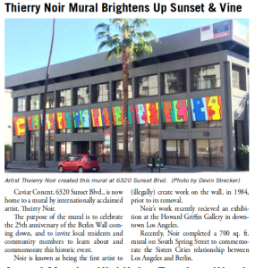 Article from Sunset-Vine BID newsletter showing unseemly enthusiasm for work of outlaw tagger Thierry Noir