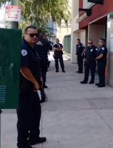 An astounding number of BID Patrol officers on Ivar Avenue by the library, June 30, 2015, milling around not being charged criminally for degrading everyone's quality of life by, through their open display of guns, passively threatening to kill anyone who disobeys them.