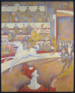 This painting by Georges Seurat almost resembles a circus also, but, and this is a subtle point but sound, Cela ne veut pas un cirque.