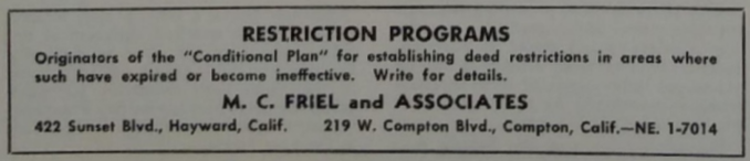 It wasn't only real-estate agents making money from white supremacy in housing.  Here's an advertisement from one of what must have been many players in the business-to-business market created by racially restrictive covenants.