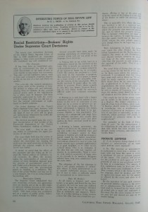 H.L. Breed's August 1948 column for CRE Magazine, Interesting Topics in Real Estate Law, discussing Shelley v. Kraemer.  Click for full-size readable image.