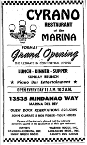 Advertisement from the Los Angeles Times, December 14, 1969, announcing the grand opening of Cyrano.
