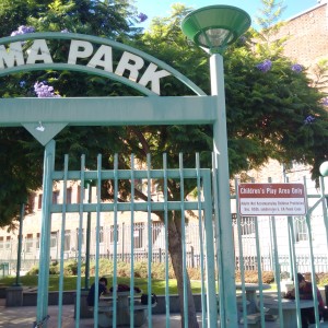 One of three mysterious signs at Selma Park which appear to restrict the park's use to children and caregivers only, even though the LA Recreation and Parks Department has stated explicitly that Selma Park is open to the general public except for the playground.