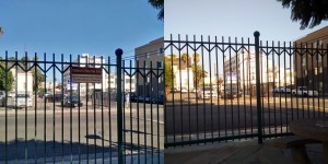 Inside fence with and without spurious sign.  There's no unfaded paint here for some reason, but you can see it's the same location by the blue parking sign in the background.  Click, as always, to enlarge.