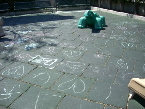 An official BID Patrol photo of the Selma Park playground on April 27, 2011, entitled SELMA PARK VANDALISM.  Because everyone knows that drawing on a playground with freaking chalk is vandalism.  Fucking savages.