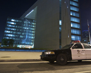A house of secrets: LAPD headquarters at night.