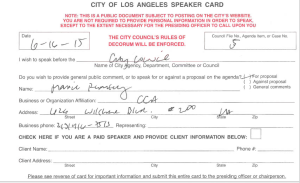 Speaker card filled out by Marie Rumsey prior to addressing June 16, 2015 Los Angeles City Council meeting, speaking against the homeless property ordinance.