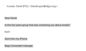 Screenshot of PDF of email from Karin Flood to David Lazar with text selected, demonstrating the SFPD's use of optical character recognition software.