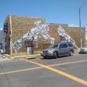 East Los Angeles graffiti-style art may make some Hollywood white people nervous, but, you know, maybe it's really their conscience trying to tell them something...