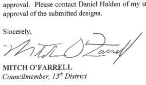 Mitch O'Farrell's signature under his letter approving the SVBID's white supremacist public art project.