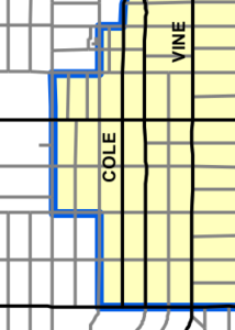 The part of the Media District BID affected by this resolution.  The yellow bit is in CD13, and the new restrictions fall entirely within that area.