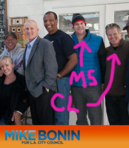 Mike Bonin 2013 Campaign ad showing candidate with high-roller campaign contributors Mark Sokol and Carl Lambert.